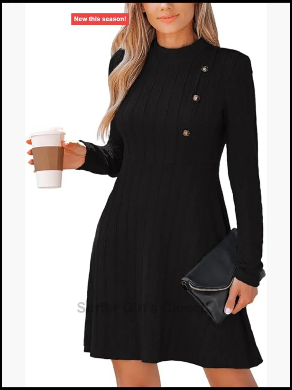 Women's Textured Knit A-Line Mini Dress Long Sleeve Button Detail Fall Casual